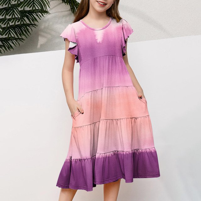 Milgrthf Robe Maxi Teinture sur Nœuds pour Filles, Été, Manches Courtes à Volants, Col Ras du Cou, Robes Superposées pour 6-12 Ans, Or Rose