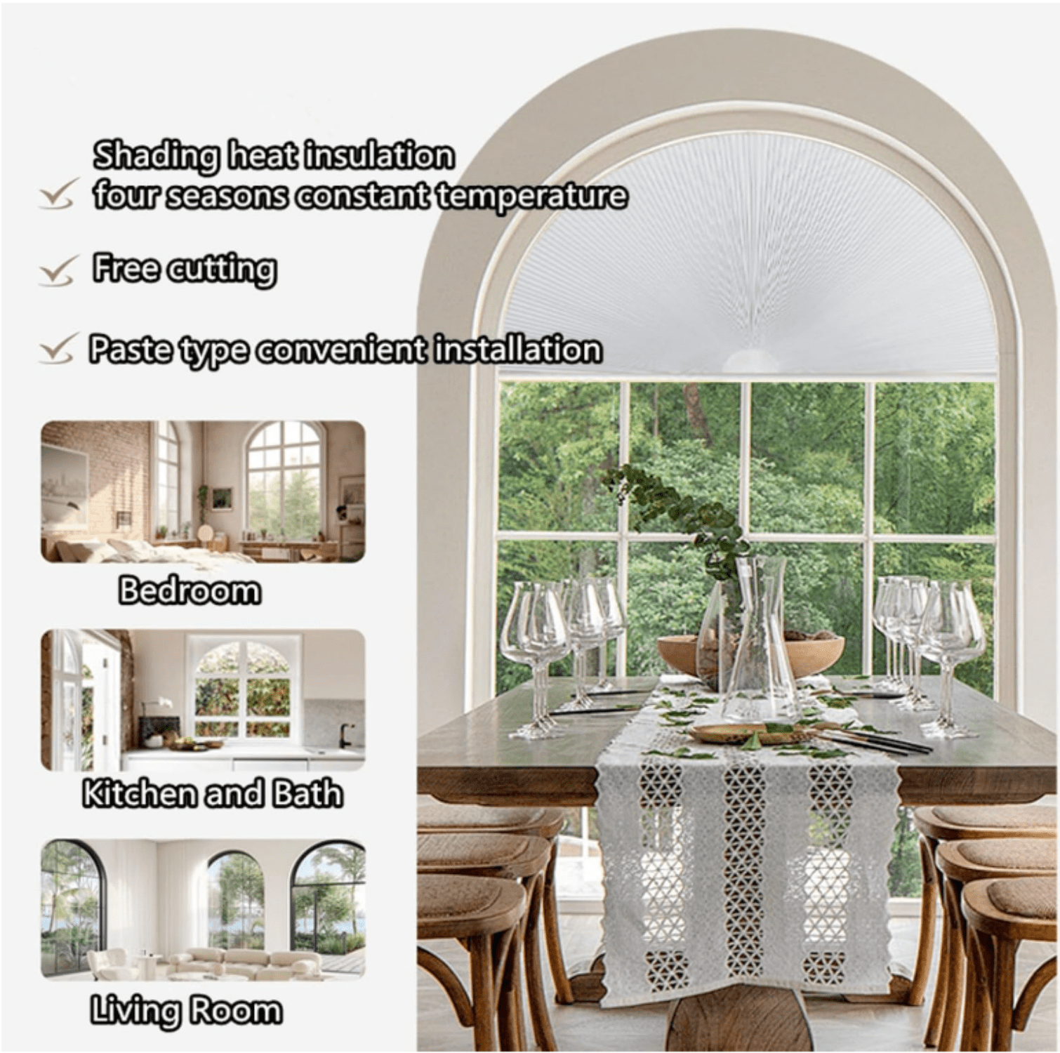 Arch Window Blackout Shades,Cellular Half Round Window Shade,Self Adhesive No Drill 90% Shade Pleated Blinds Window Moon Cover Easy to Cut and Install