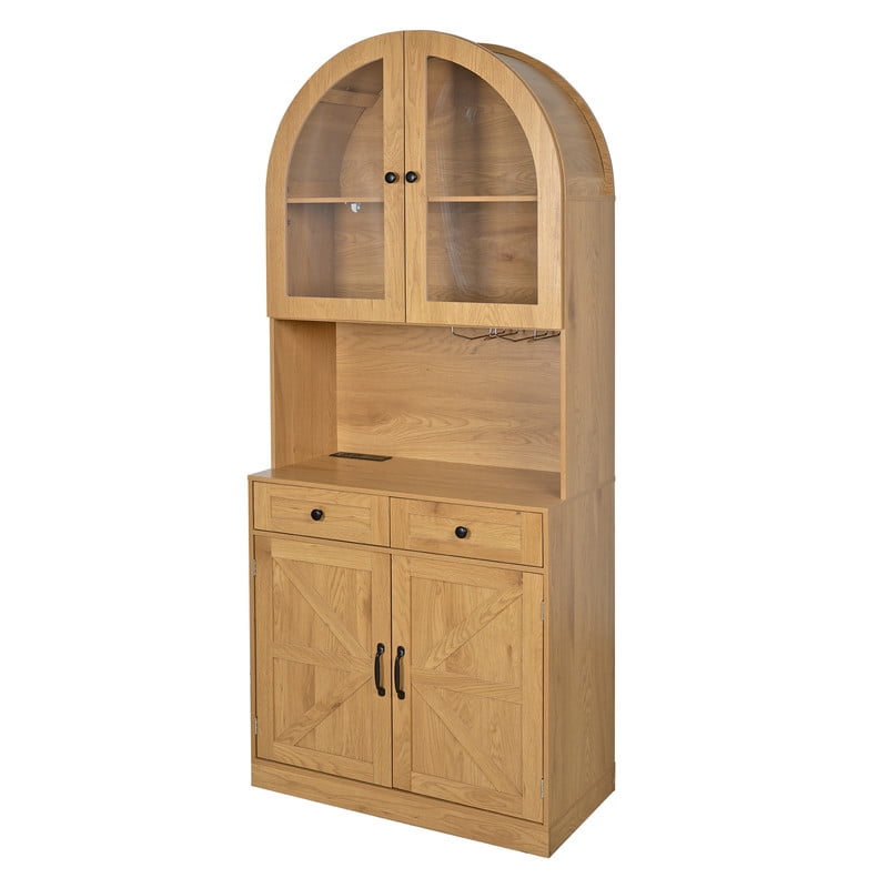 Farmhouse Arched Kitchen Storage Pantry with Charging Station on Open Countertop, Coffee Bar Cabinet with Adjustable Shelf