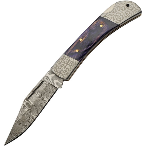 SANZ 4.25-Inch Heritage Artisan Lockback Knife 3.5-Inch Hand-Forged Damascus Steel Blade with Purple Wood Handle and Silver Pommel