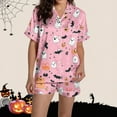 thumbnail image 6 of SwiftWear Spooky & Sweet Halloween Pajama Set for Women - Short Sleeve Sleepwear & Lounge Set, Ghost Bat Pumpkin Print Top with Shorts Pink, 6 of 8