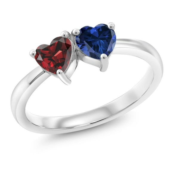 Gem Stone King 1.10 Cttw Red Garnet and Blue Created Sapphire 2-Stone Ring for Women | 925 Sterling Silver | Heart Shape 5MM | Wedding Engagement Anniversary Promise Ring for Women | Size 5