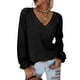thumbnail image 1 of Mujer Top Cuello En V Linterna Manga Larga Encaje Moda Transpirable Casual Fit Blusa Negro XXL, 1 of 5