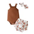 thumbnail image 1 of Felwors Infant Girls Sleeveless Ruffles Ribbed Romper Bodysuit Cartoon Cow Prints Shorts Headbands Outfits, 1 of 8