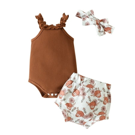 

Girls Outfit Set Sleeveless Ruffles Ribbed Romper Bodysuit Cartoon Cow Prints Shorts Headbands Outfits
