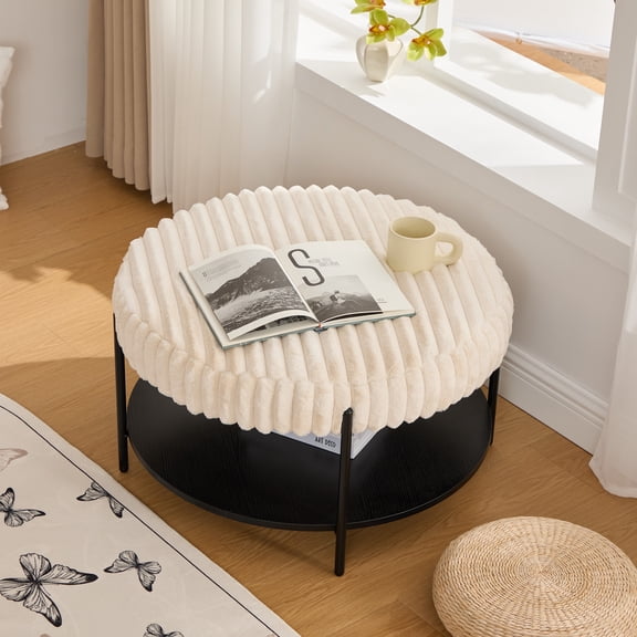 Oufan Ottoman Bench, Faux Fur Couch Daybed Chaise with Metal Legs & Open Storage Shelf, Round Bed Bench, Window Bench for Bedroom, Entryway, Closet