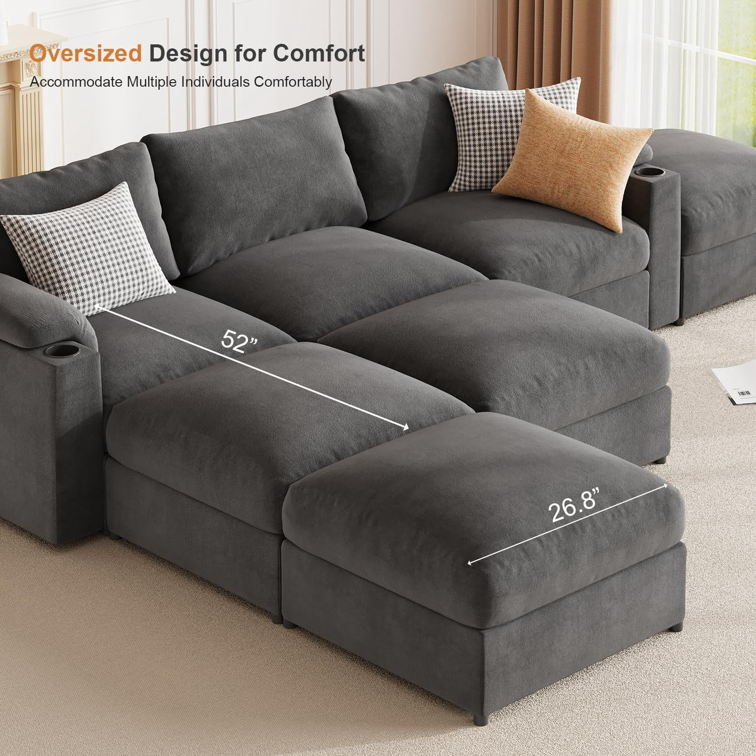Modular Sectional Sofa Couch for Living Room, Oversized U-Shaped Cloud Couch with Deep Seats, Velvet Convertible Sleeper Sofa with Chaise, Cup Holders & Padded Armrests, 2-Seater