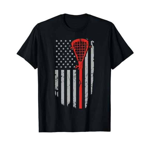 Vintage American Flag Lacrosse Youth Apparel, Boys Men USA Cotton Black T-Shirt