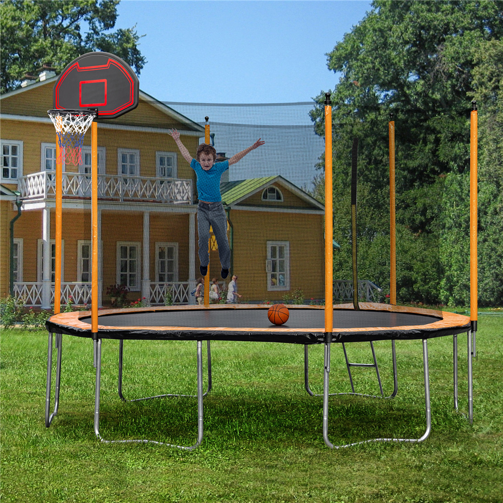 15' Round Trampoline for Kids, New Upgraded Outdoor Trampoline with Safety Enclosure Net, Basketball Hoop and Ladder, Heavy-Duty Trampoline for Indoor or Outdoor Backyard, Holds 264lb,Orange,LLL1657
