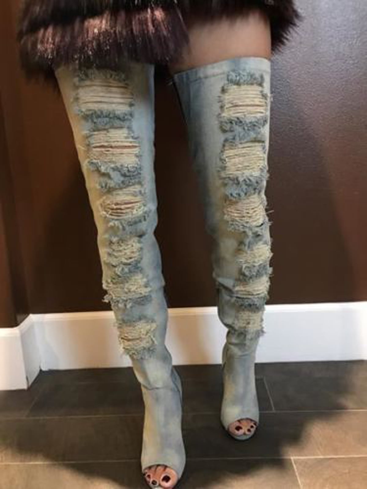 distressed denim thigh high boots