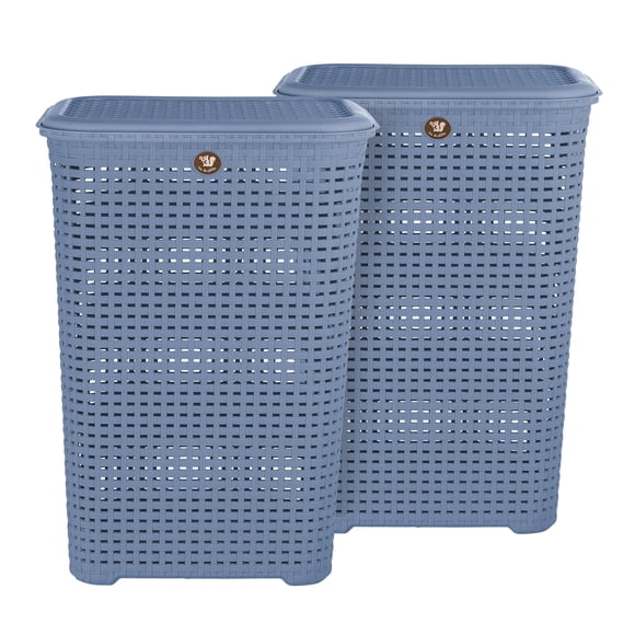 Kit 2 Cestos de Plástico La Ardilla Con Tapa para Ropa Tipo Rattan (Azul)