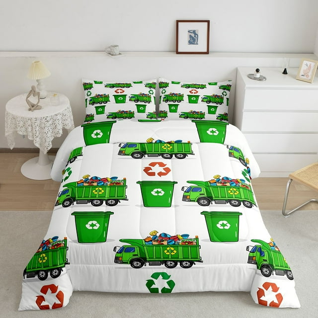 Erosebridal Garbage Truck Comforter Sets Toddler Size, Recycling Bins Comforters & Duvets, Trash Car Decor, Reversible 2 Pieces