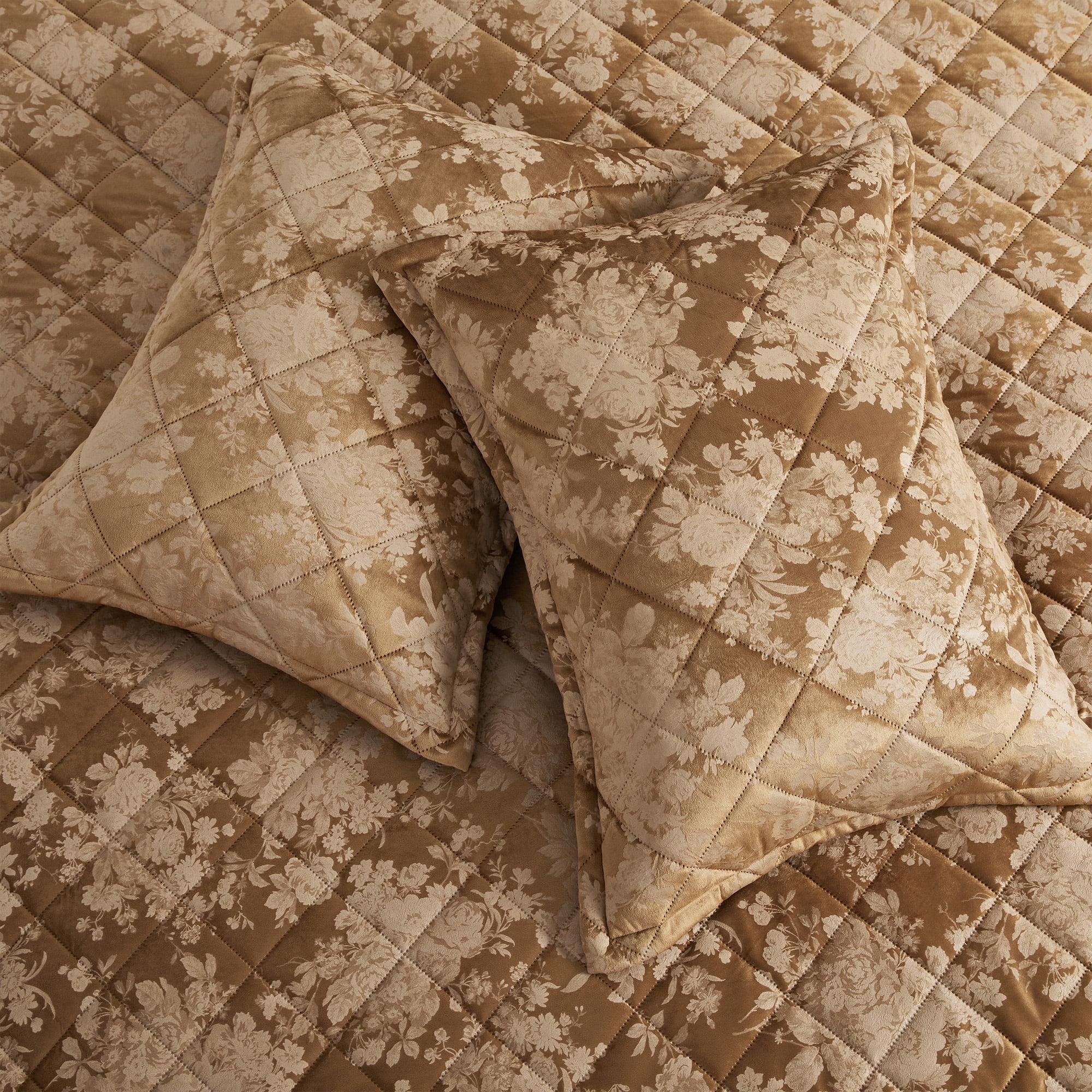 IR Imperial Rooms Velvet Bedspread Floral Pattern 3-Piece Set Ultrasonic Embossed Quilt Reversible Soft Microfiber Coverlet Queen Size Caramel