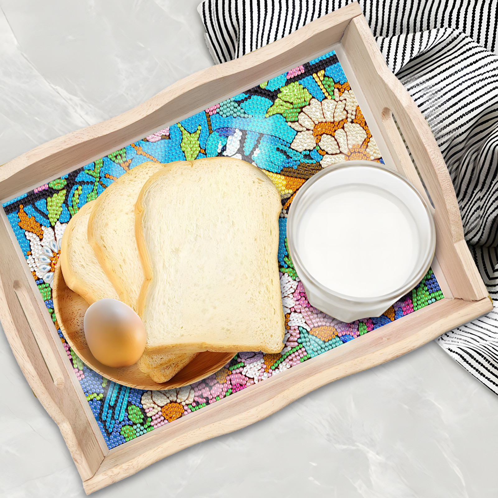 FLOPESN DIY Diamond Art Painting Tray,Handmade Wooden Tray Mosaic by Number Kits Diamond Art for Coffee Living Room Home Organizer-Birds singing and flowers fragrant