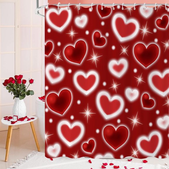 Rideau de Douche de la Saint-Valentin, Rideau de Salle de Bain Rouge Pailleté Cœur d'Amour Romantique Féminin en Tissu Imperméable Lavable à la Machine avec Crochets, 72 Pouces L X 72 Pouces L