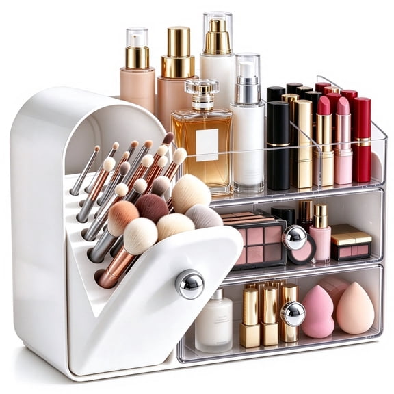 Makeup Organizer with Brush Holder, Countertop Vanity Organizer with 2 Drawers, Cosmetic Storage Organizer for Lipstick, Perfume, Skincare, White