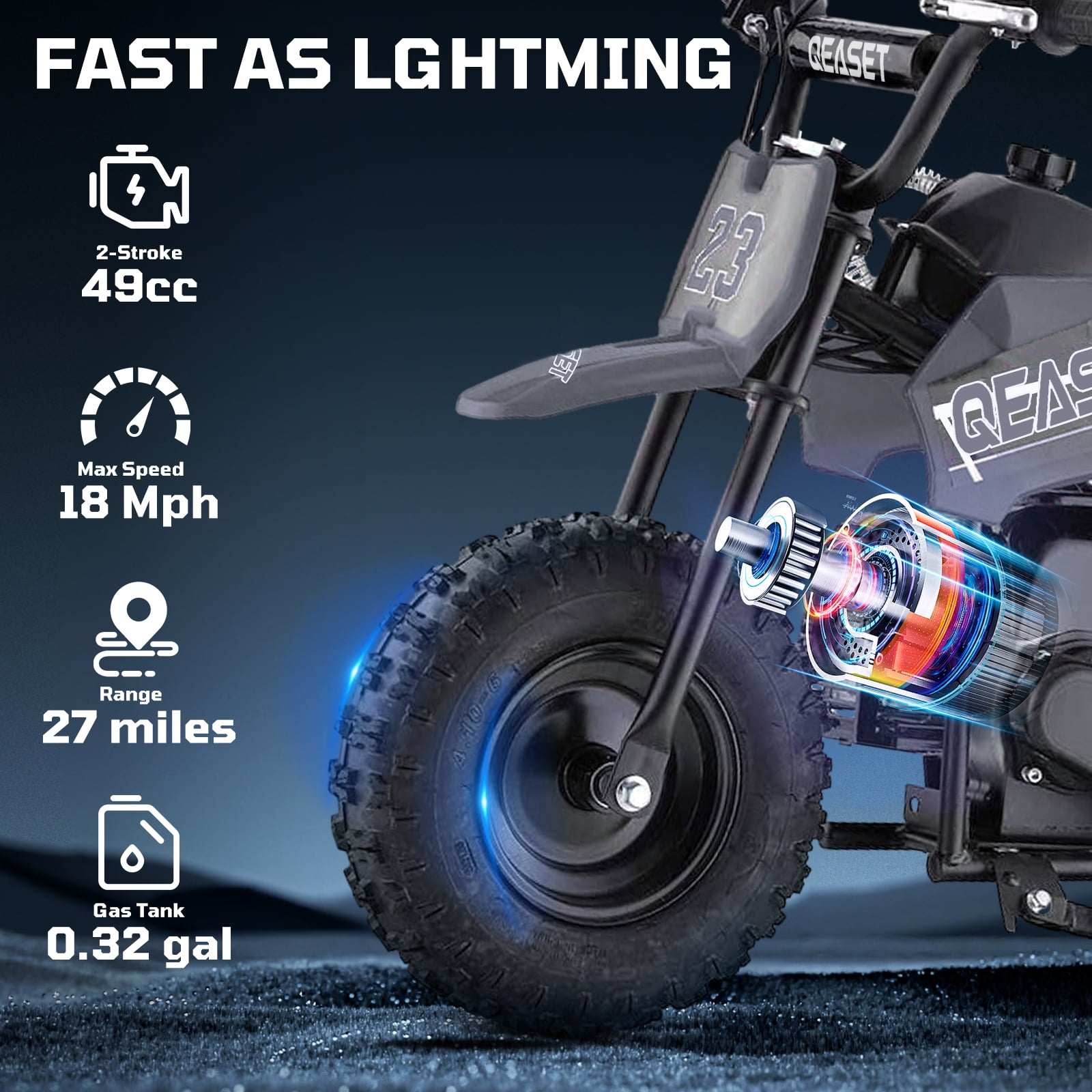 QEASET Mini Off-Road Dirt Bike, 49 CC 2-Stroke Gas Bike with Off-Rode Tire, Suspensions, Disc Brakes, Max Load 160Lbs, Max Speed 18Mph, Blac