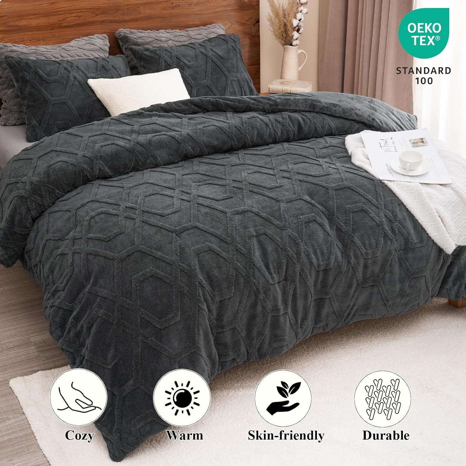 PHF Warm Sherpa Fleece Queen Comforter Set, 3D Tufted Fluffy Dark Grey Bedding for Winter, Soft 3 Pieces Shaggy Bed Set, 1 Comforter (90"x90") and 2 Pillowcases (20"x26")