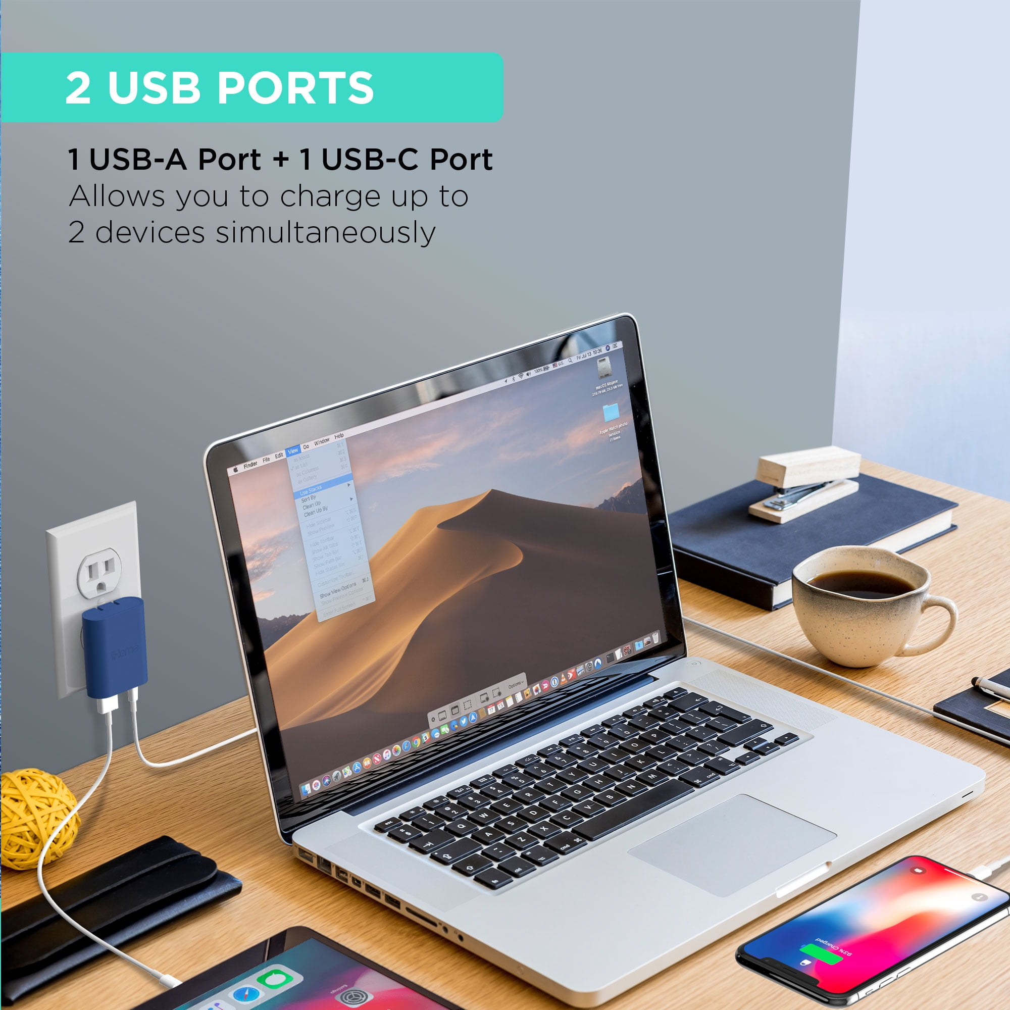 iHome 20 Watt USB-C & USB-A Dual Port Wall Charger with Folding Prongs, Navy