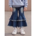 thumbnail image 3 of BemeyourBBs Toddler Baby Girls Denim Bell Bottom Ruffle Ripped Jeans Flare Pants Raw Hem Denim Leggings Trousers Elastic High Waisted Wide Leg Pants, 3 of 9