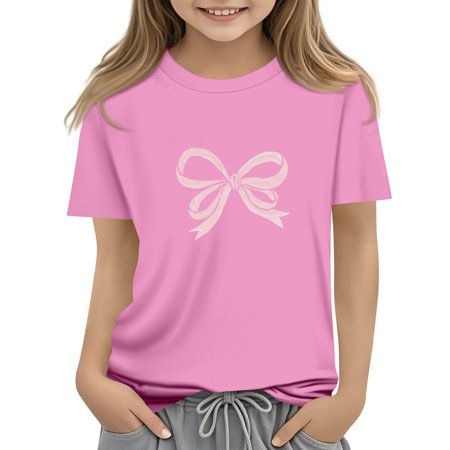CCRFTGI Girls Summer Tops Trendy Short Sleeve Bowknot Graphic Shirt Crew Neck Solid Tops Fashion Loose Fit 5-14 Y Clean Girl Clothes Pink 15-16Y