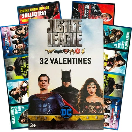 Justice League 32 Valentines (1 Box) Classroom Exchange Cards with Superman, Aquaman, Wonder Woman, Batman, Flash - DC Comics Hit Super Hero Movie