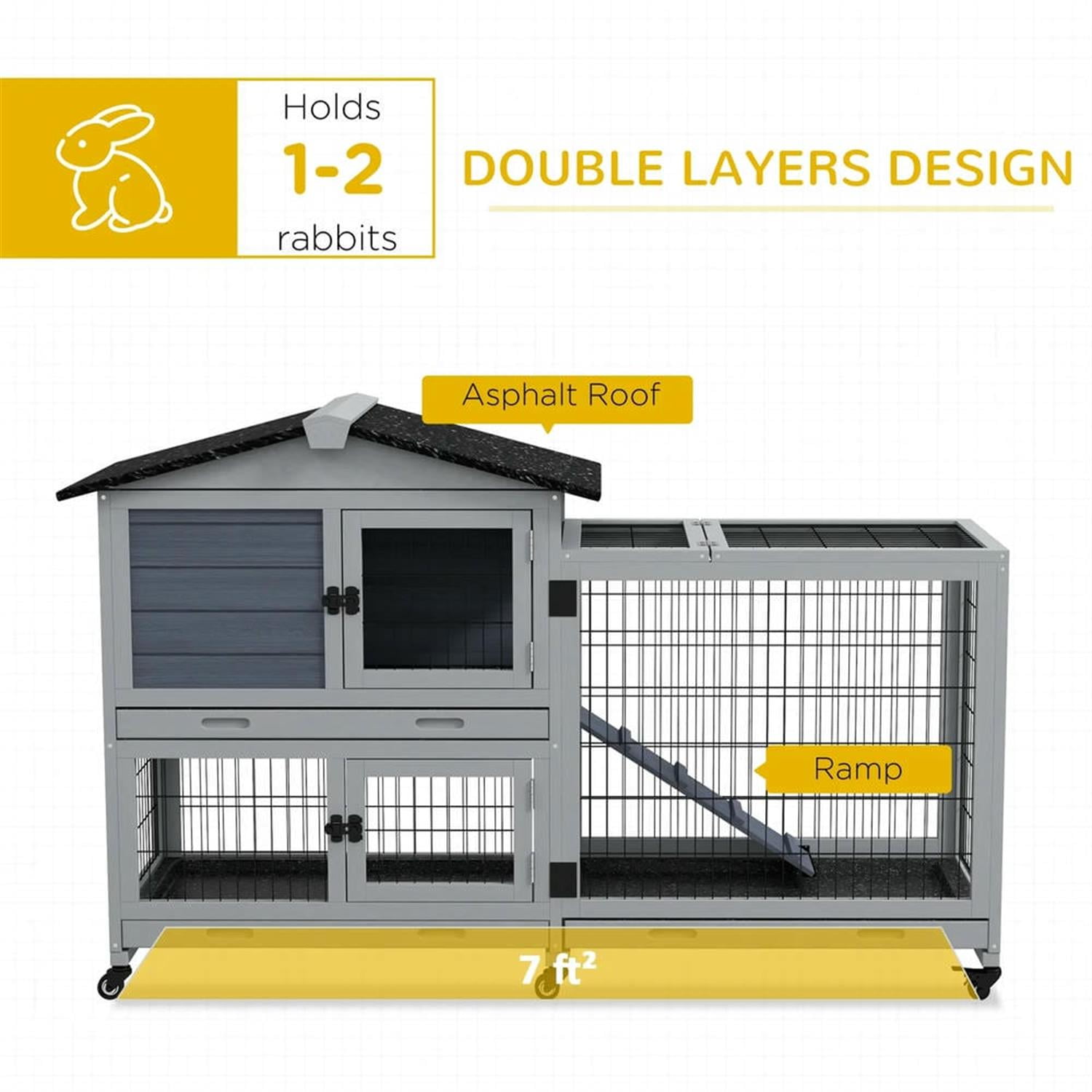 Kadyn 62" 2-tier Wooden Rabbit Hutch with Wheels and Slide-out Tray, Outdoor Small Animal Habitat Chicken Coop Bunny Cage for Bunnies, Guinea Pigs, Gray