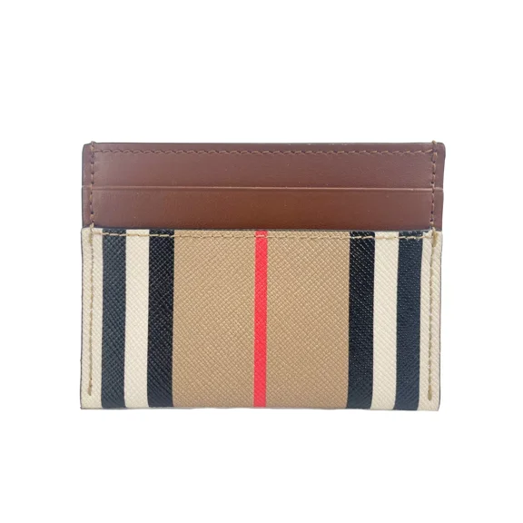 Burberry Sandon Tan Canvas Check Printed Leather Slim Card Case Wallet
