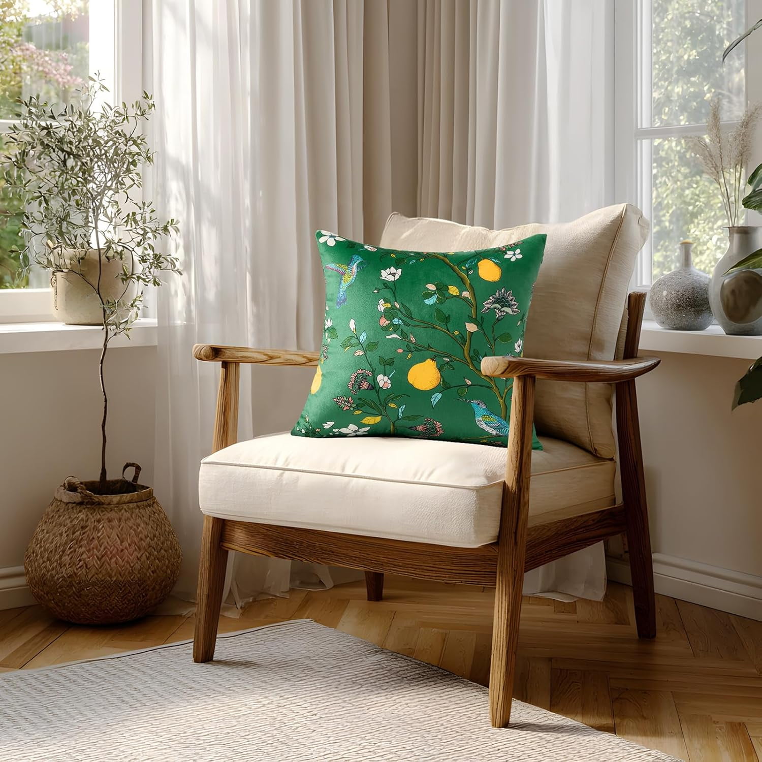 COOKCOK Dark Green Floral Pillow Covers 18x18 Set of 2, Velvet Wild Flower Plant Throw Pillows Case, Square Farmhouse Decor Cushion Covers for Home Sofa Bed Couch