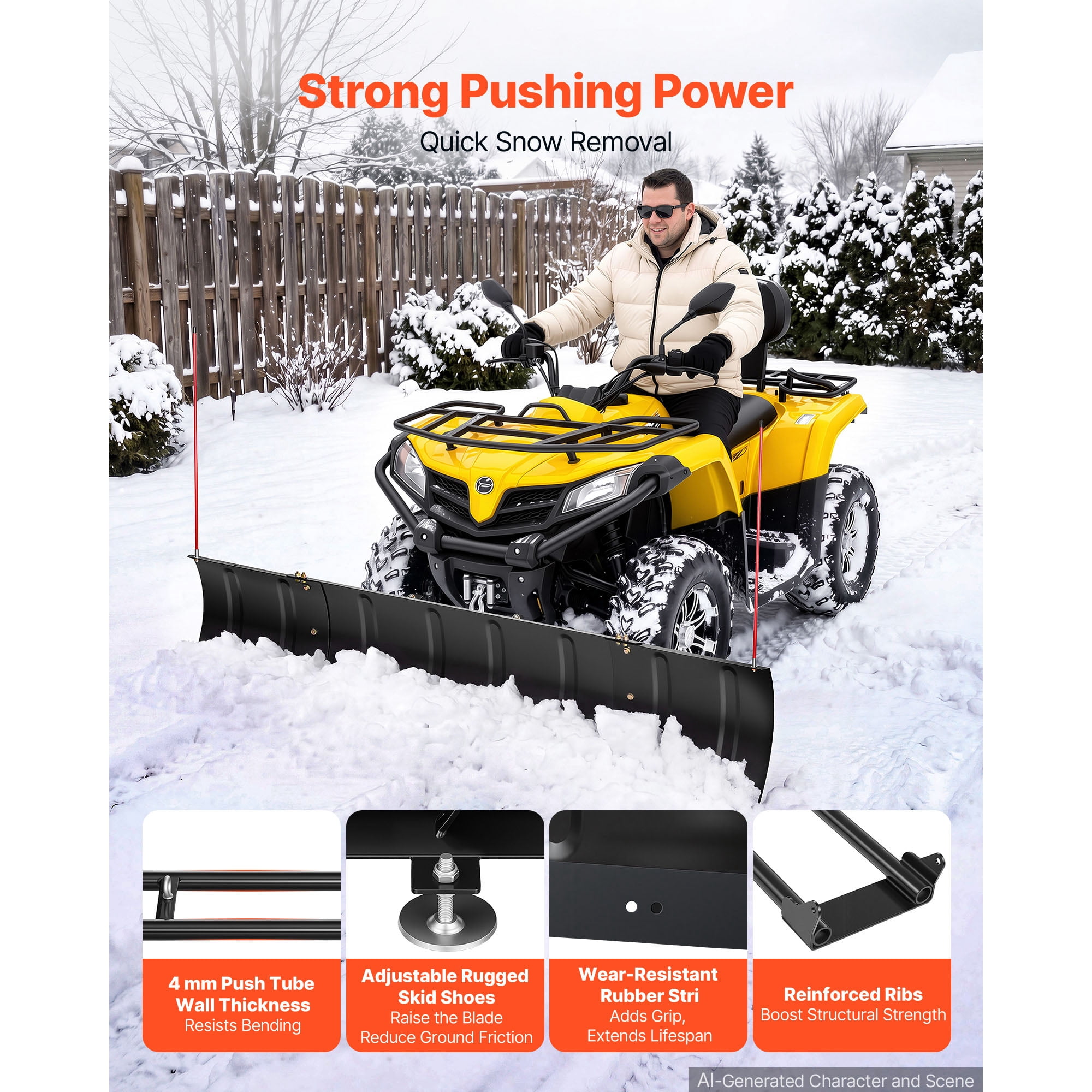 KFFKFF Adjustable Snow Plow Kit with 43-72 Inch Width for ATVs and UTVs, Features Height and Angle Adjustments, Three Mounting Options, Durable Steel Blade for Effective Snow Removal