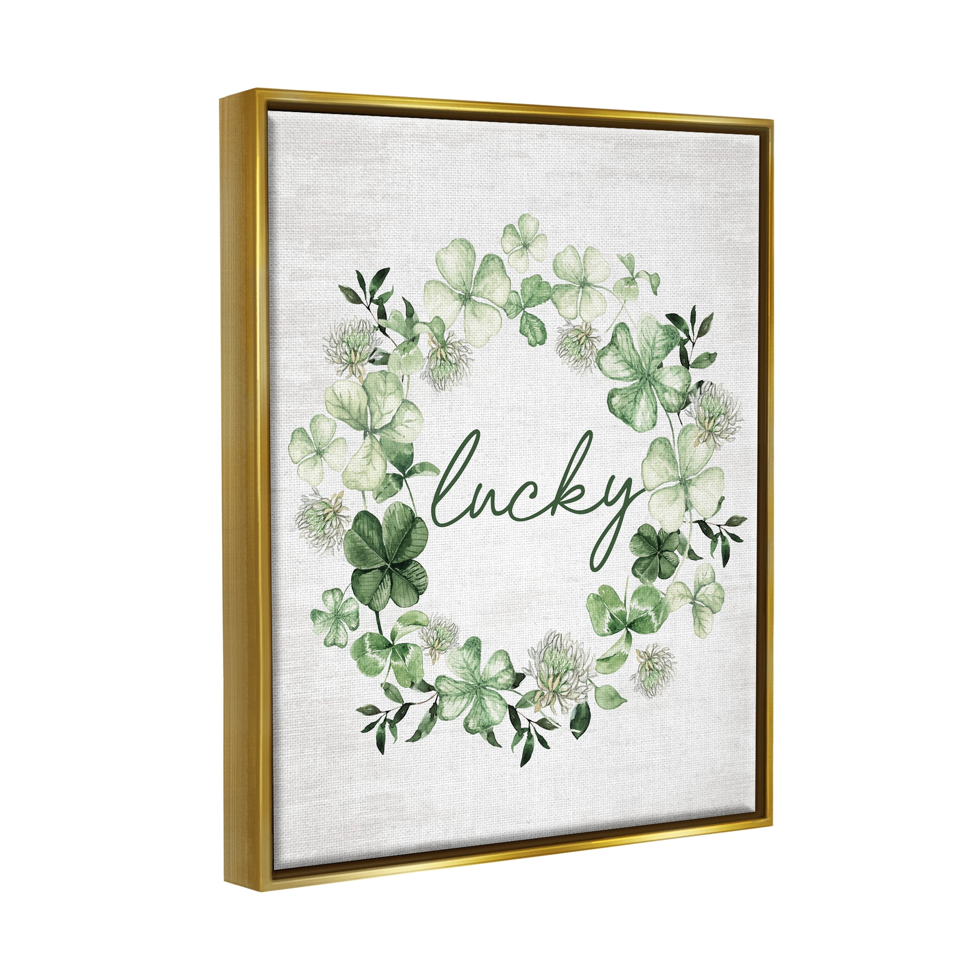 Stupell Industries Lucky Clover Wreath Botanical & Floral Painting Gold Floater Framed Canvas Art Print Wall Art, 17 x 21