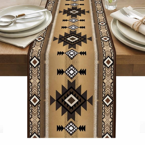 Brown Southwest Table Runner - 48 Inch Long, Kitchen Dining Table Runner Dresser Scarves, Boho Aztec Ethnic Abstract Geometric Farmhouse Decor for Coffee Tables Wedding Party Banquet