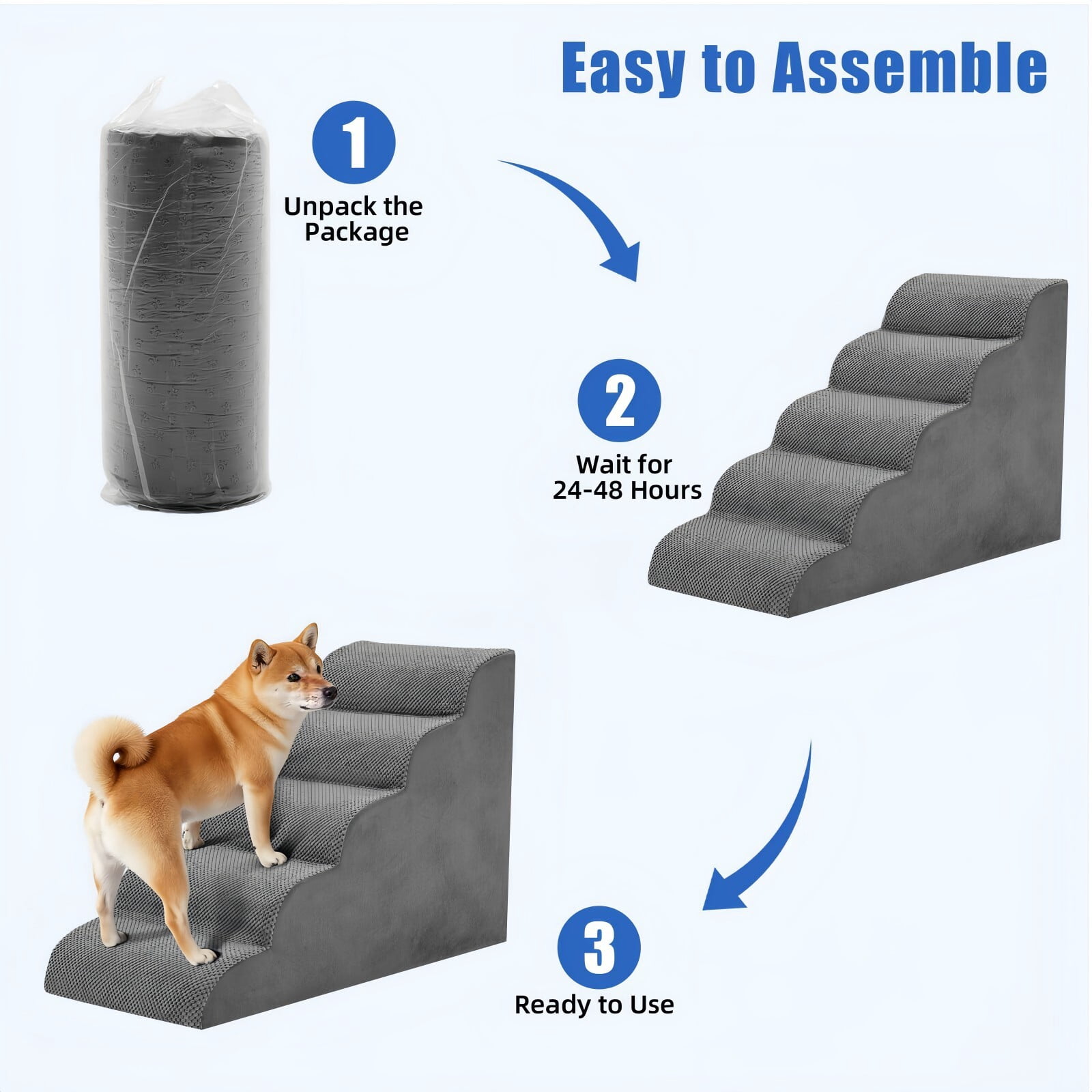 Kelno 22" Tall Dog Stair Foldable Foam Rounded Corner Pet Steps with Removable Washable Cover, Gray