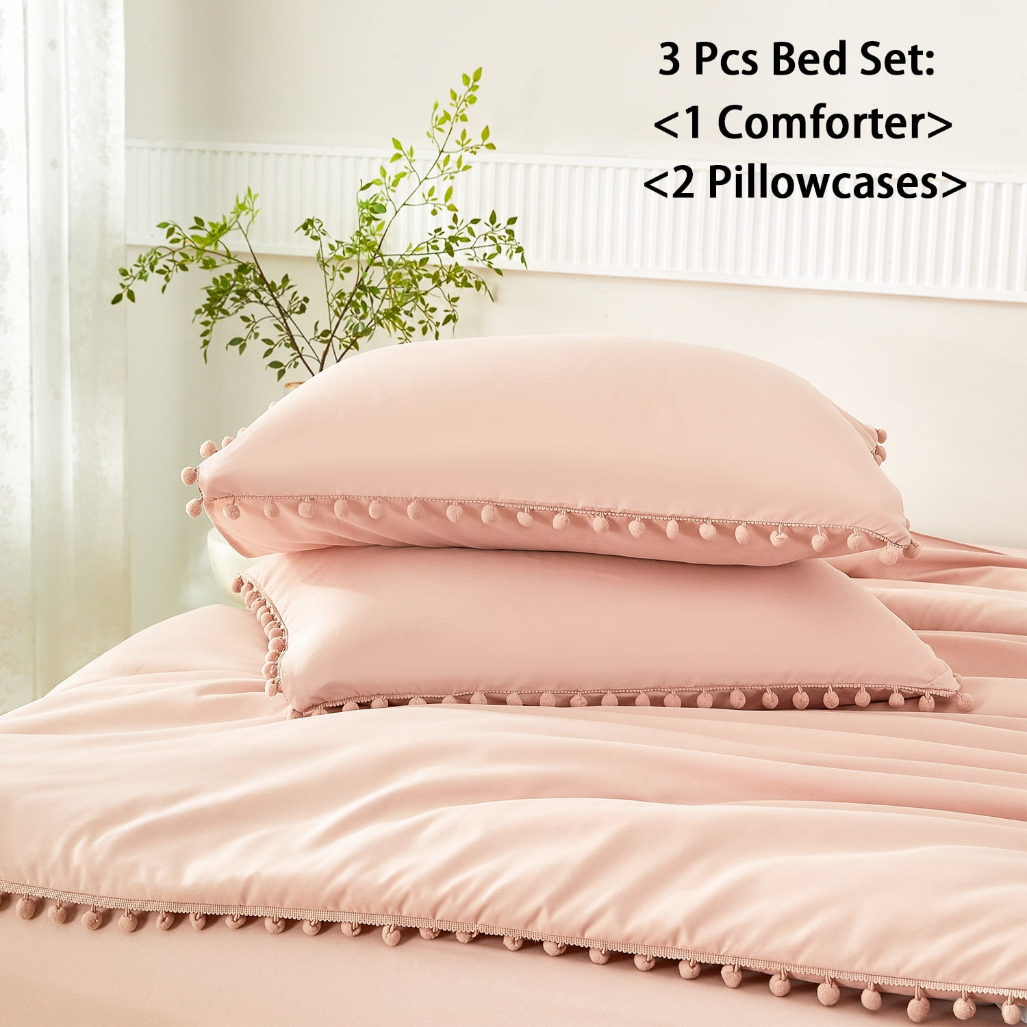 RYNGHIPY Pompom Fringe Bedding Set for Kids Full 3Pcs Boho Pink Blush Comforter Sets Cozy Breathable Bed Set for Girls, Full
