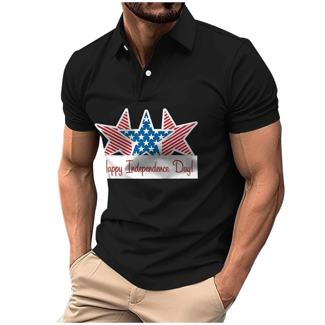 VBARHMQRT T-Shirts pour Hommes Été Quotidien Col Rond Manches Courtes T-Shirt à Boutons à Manches Courtes de Plein Air pour Hommes Fête de l'Indépendance Noir