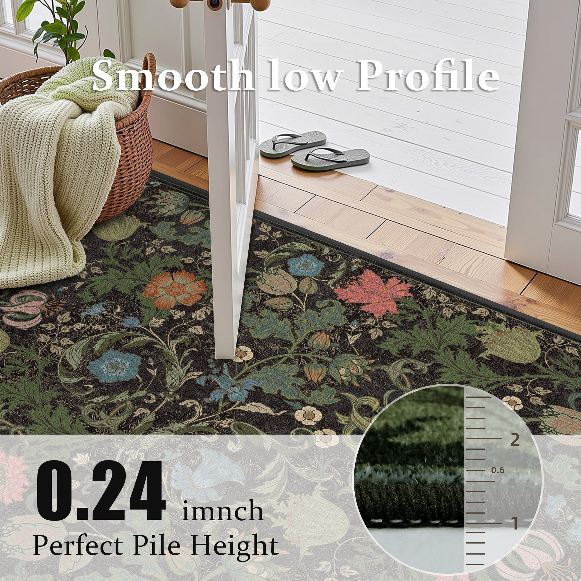 ATHOPE Floral 2x3 Area Rug, Machine Washable Rugs Soft Non Slip Low Pile Rugs for Living Room Bedroom Nursery Kitchen Dining Room Indoor, Small Floral Print Pattern Carpet, Dark Green
