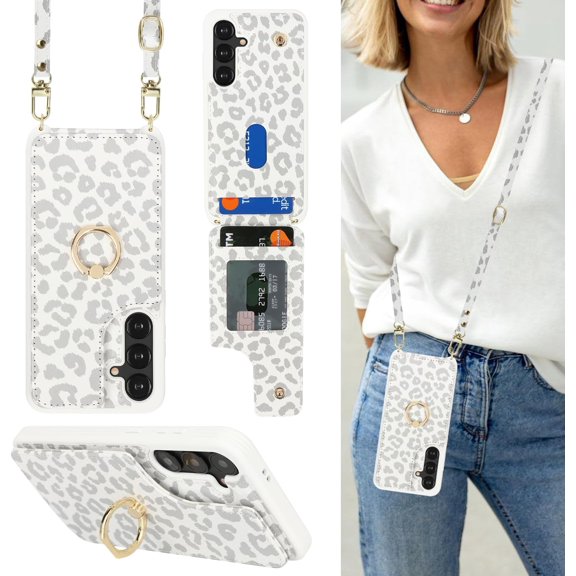 for Samsung Galaxy S24 Case with Card Holder and Strap for Women,Crossbody Lanyard,Ring Stand,Snap Clasp,Cute Phone Wallet Cases 6.2 inch(White Leopard)