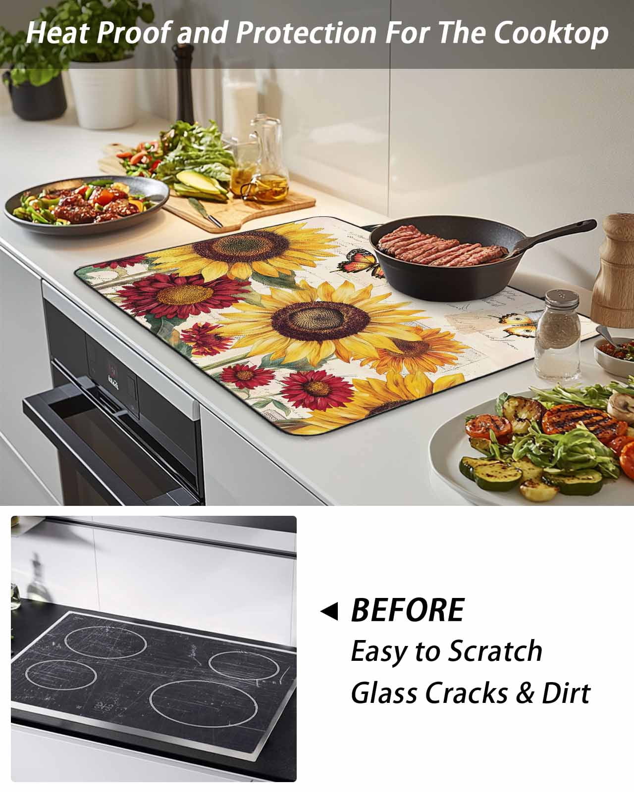 Stove Top Covers for Electric Stove, Sunflower Glass Stovetop Cover Protector, Farmhouse Rose Floral Vintage Butterfly Induction Cooktop Protector Oven Mat for Kitchen Countertop 24"x21"