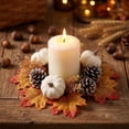thumbnail image 4 of 2Pcs Artificial Maple Leaf Pine Cone Pumpkin Candle Ring Wreaths, 9.8in Halloween Thanksgiving Table Centerpiece Decor, Fall Harvest Candle Holders White 1, 4 of 6
