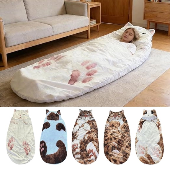 Sleeping Bag 68.9"x27.56" Cute Washable Cat Pattern Cotton Sleeping Bag Kitten Shaped Camping Sleep Bags for Home Lounging Indoor Floor Bed Travel Relaxation Sleepovers
