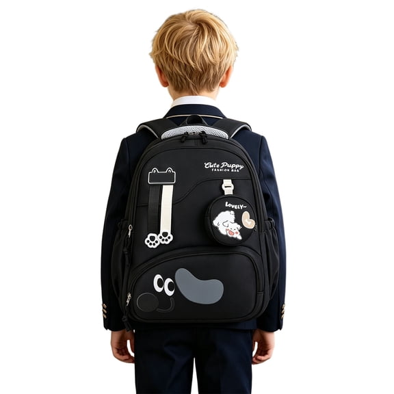 Weebloom School Backpack For Kids Boys Girls Waterproof Cartoon Puppy Print Color Block Design Bookbag Elementary Middle School Black