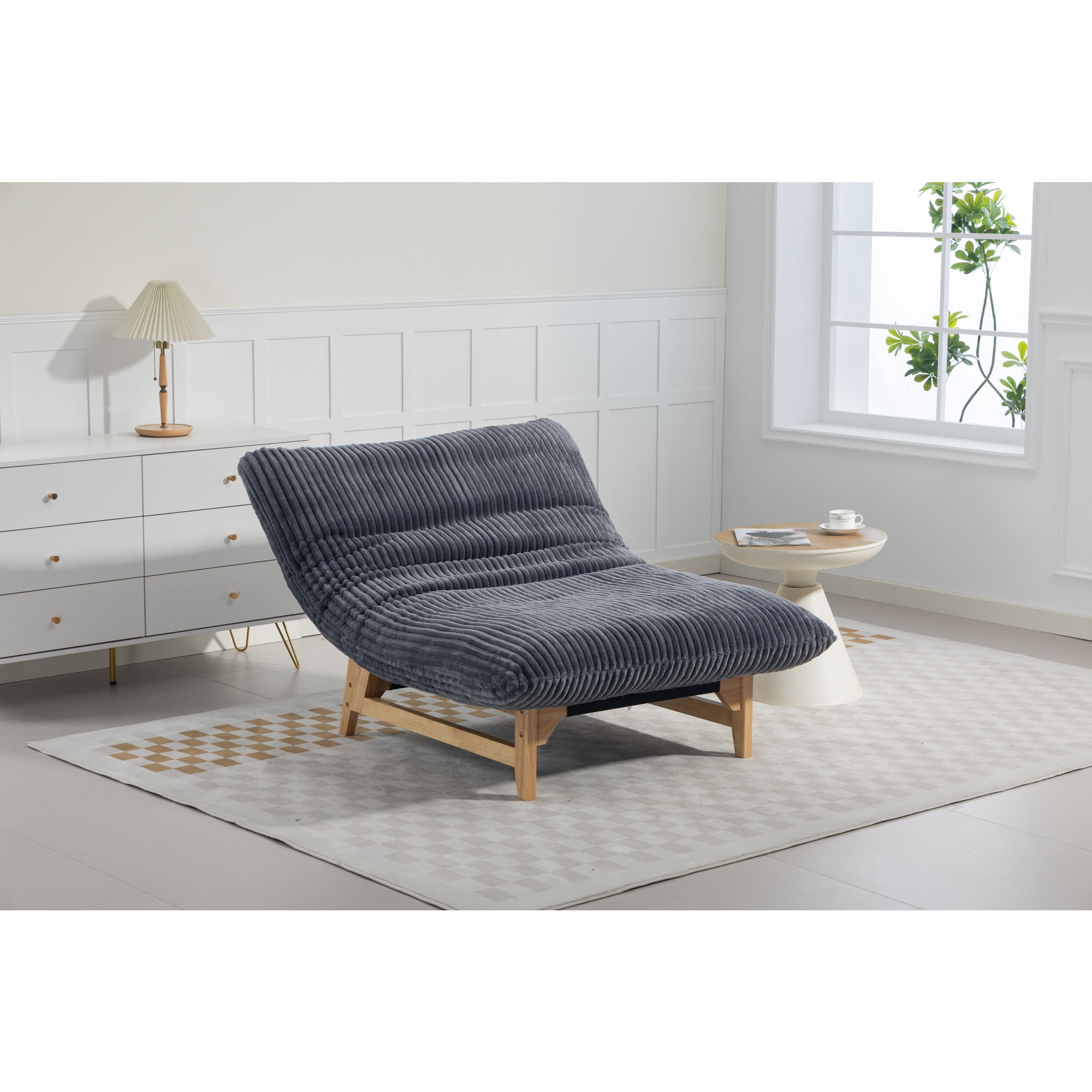 GDF Studio Floren Corduroy Bean Bag Accent Chair with Solid Wood Frame, Lazy Sofa for Living Room, Dark Grey