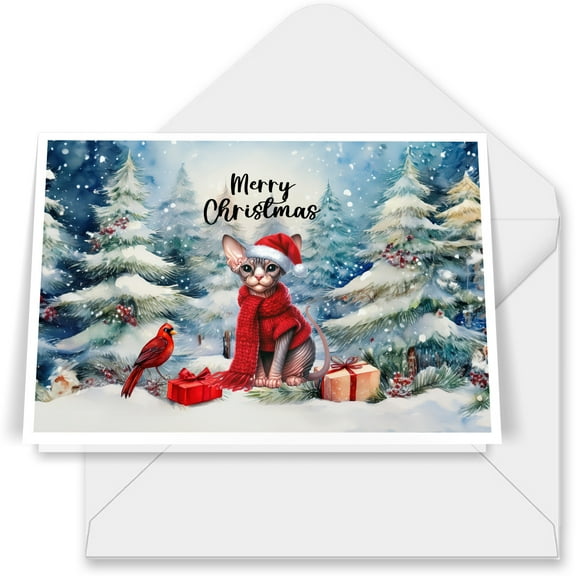 Merry Christmas Sphynx Enjoys Catmas Winter Xmas Holiday 7x5in Folded Greeting Card Cat Lover Kitten Owner Gifts Idea Single Note Card with Envelope - 02022