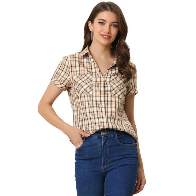 INSPIRE CHIC Chemise à Carreaux pour Femme en Coton Style Boyfriend à Boutons devant à Manches Courtes