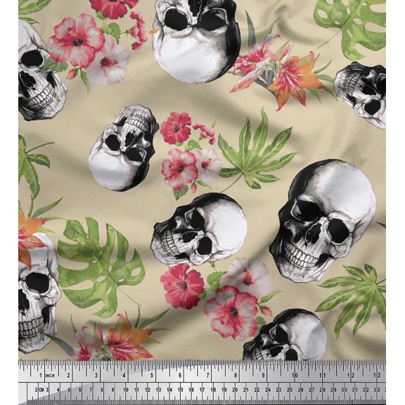Soimoi Silk Fabric Monstera Leaves,Floral & Horror Skull Halloween Print Sewing Fabric Yard 42 Inch Wide