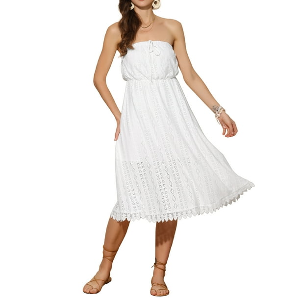 Vestido midi de verano sin mangas de encaje con cinturón para mujer L blanco