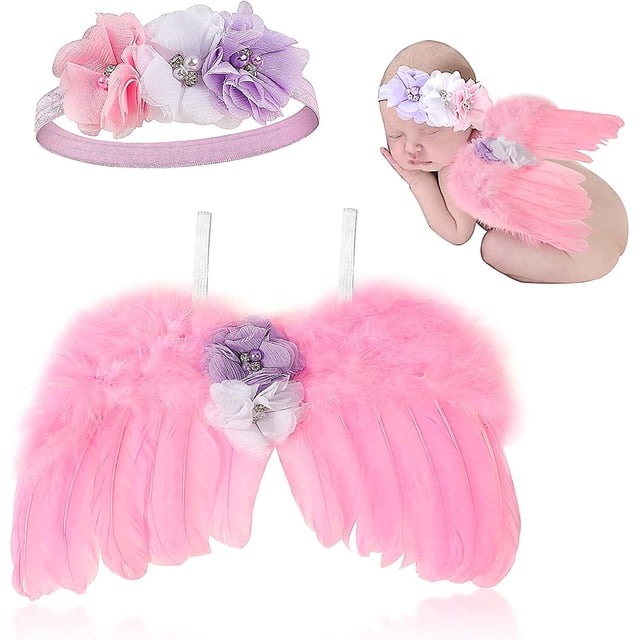 Paquete de 2 alas de ángel con diadema floral para fotografía de recién nacidos (rosa, morado)