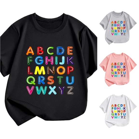 Rggeeun Toddler Girl'S Blouses Cute Colorful Letters Graphics Print Plus Size Short Sleeve Crew Neck Loose Fit Breathable for Summer Outdoor Picnics Versatile Tops,Black,7-8 Years
