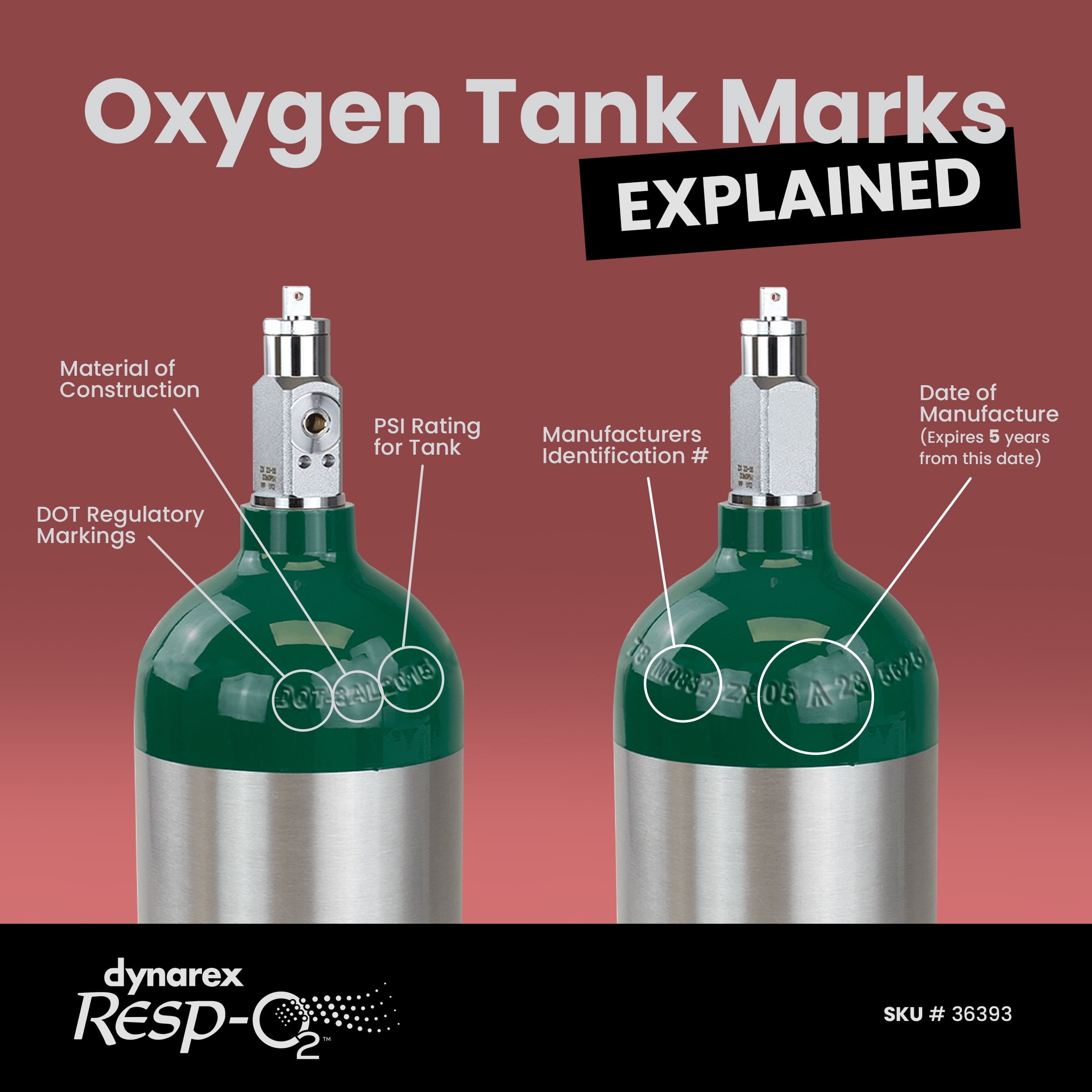 Dynarex Resp-O2 M6 Oxygen B -Cylinder with CGA 870 Post Valve – 1L Standard Size Oxygen Cylinder - Lightweight Aluminum Portable Tank with 165L Oxygen Capacity