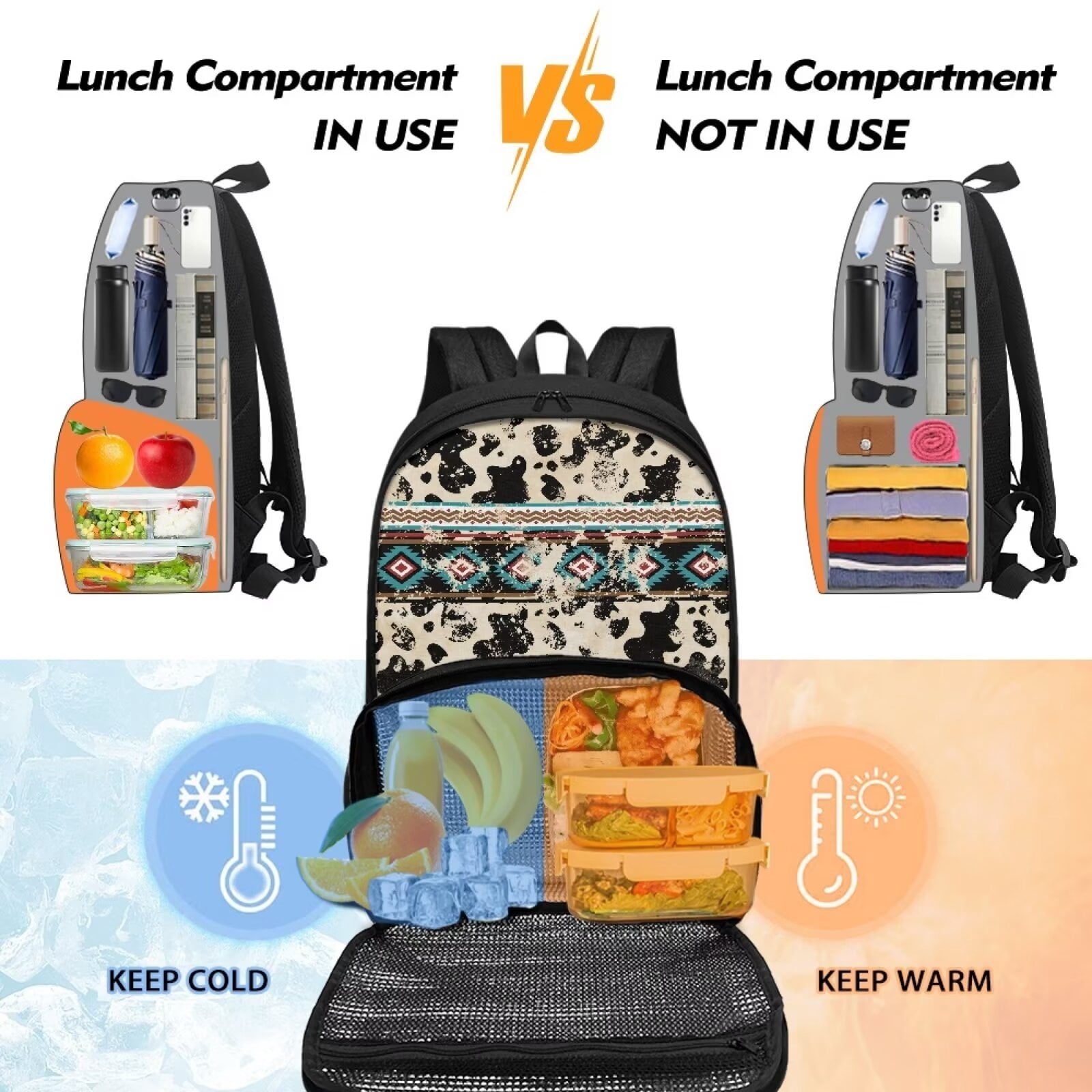FOR U DESIGNS Soft Lunch Backpack for Women Men, Primary School Bag with Lunch Bag Compartment Aztec Cow Print Book Bag Large Capacity Work Office Daypack